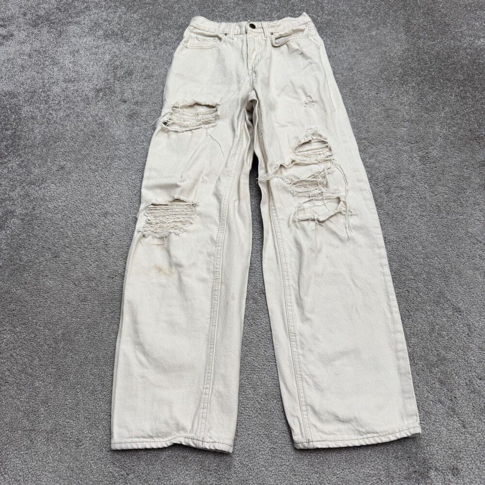 BDG Urban Outfitters High Rise Baggy Distressed Denim Jeans Womens 26R Cream